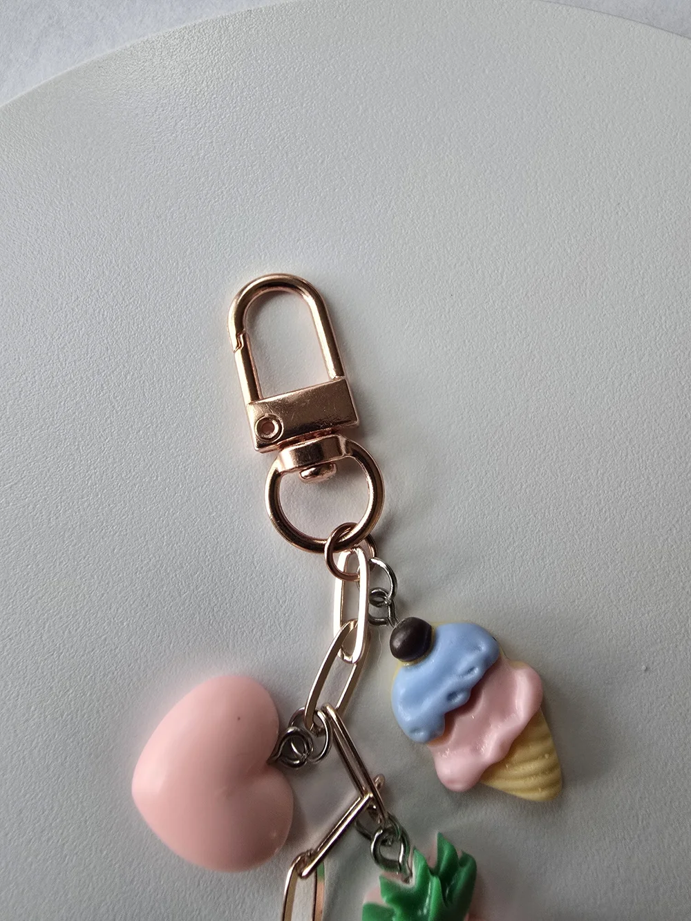 Cute Pink Cartoon Charm Key & Card Holder with Heart, Pineapple & Ice Cream
